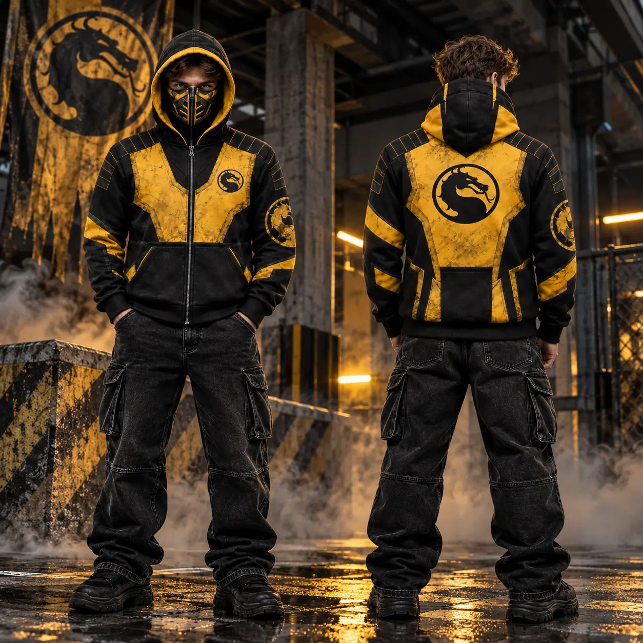 Ninja Scorpion Cosplay Balaclava Hoodie, Built In Face Mask Full Zip Dragon Graphic Jacket, Yellow Black Armor Print Streetwear Sweatshirt, Oversized Gamer Combat Costume Gift for Men Women