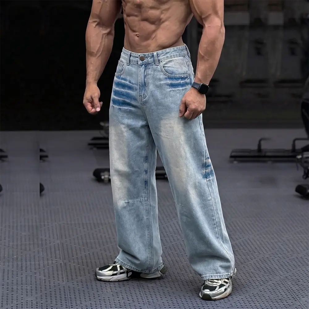 Single pack men’s retro bleached wide-leg jeans—lightly washed cotton denim long pants with a relaxed drape; casual street-style trousers suitable for everyday wear.
