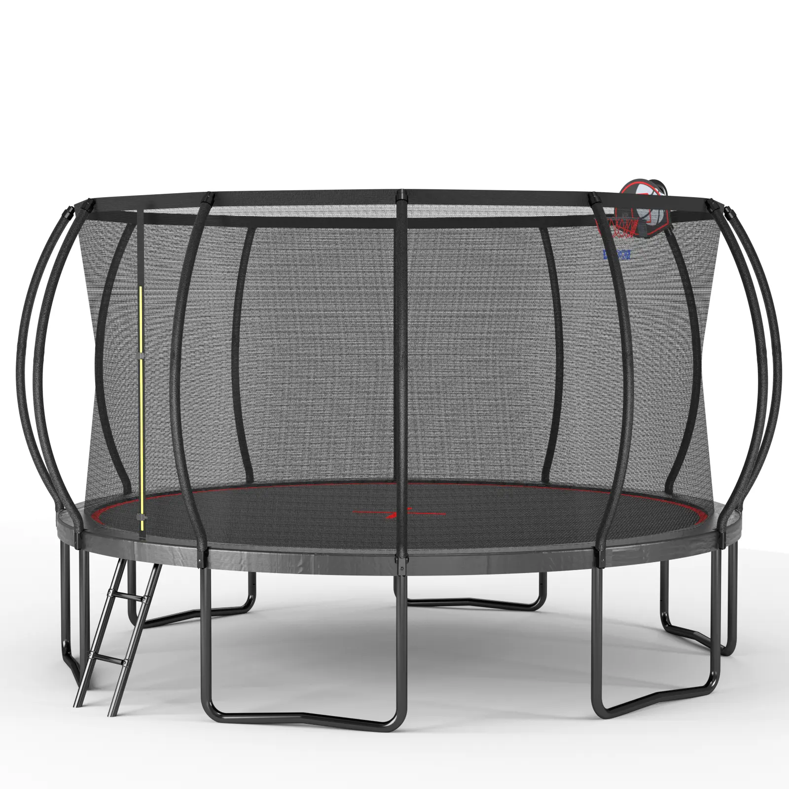 14FT Black Red Pumpkin Outdoor Trampoline, 90cm High-Dip Galvanized Frame Trampoline with 6 W-Shape Support Legs, Curved Foam Net Poles, ASTM CPC CPSIA Certified Backyard Trampoline Complete with Basketball Set & Ladder
