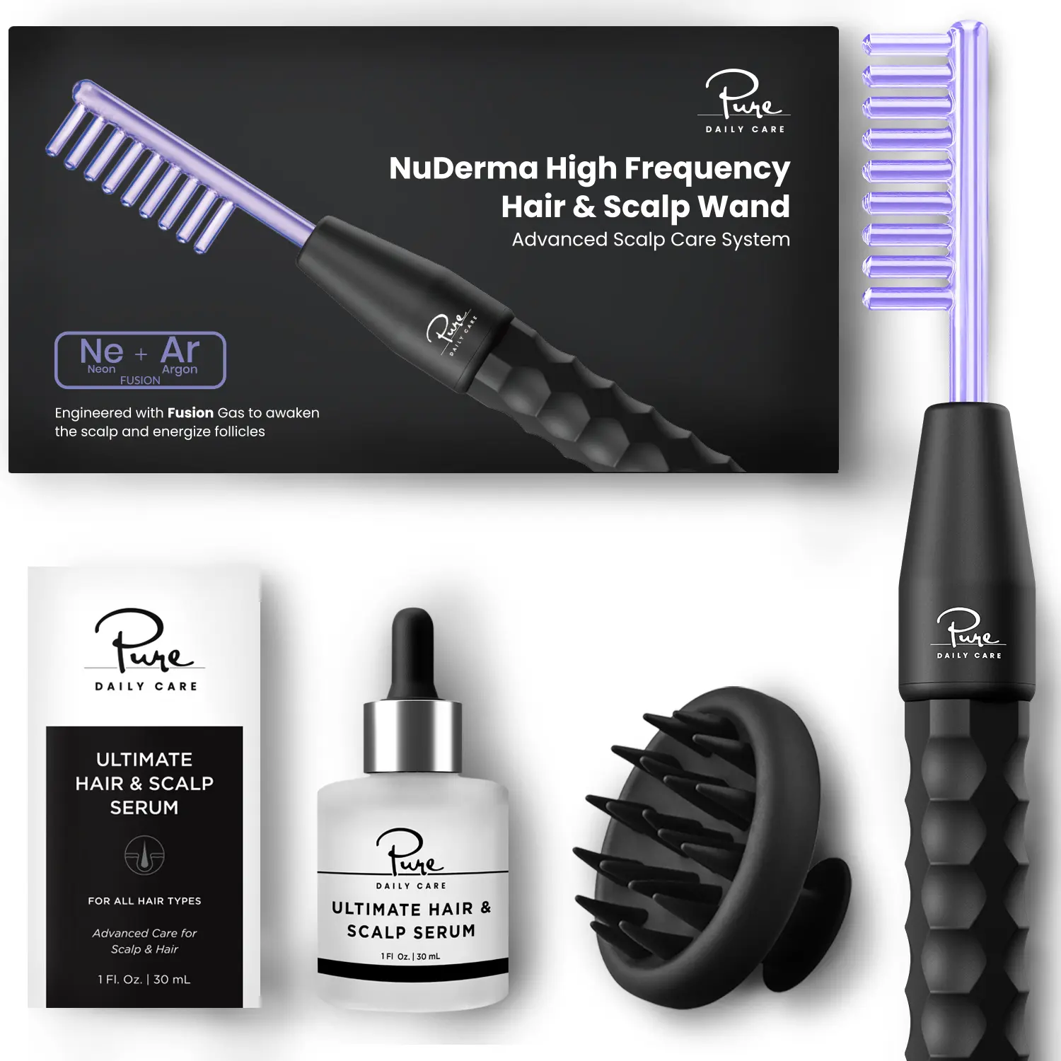 NuDerma High Frequency Hair & Scalp Wand Advanced Scalp Care System with Ultimate Hair & Scalp Serum for Fuller Healthier Hair by PURE DAILY CARE