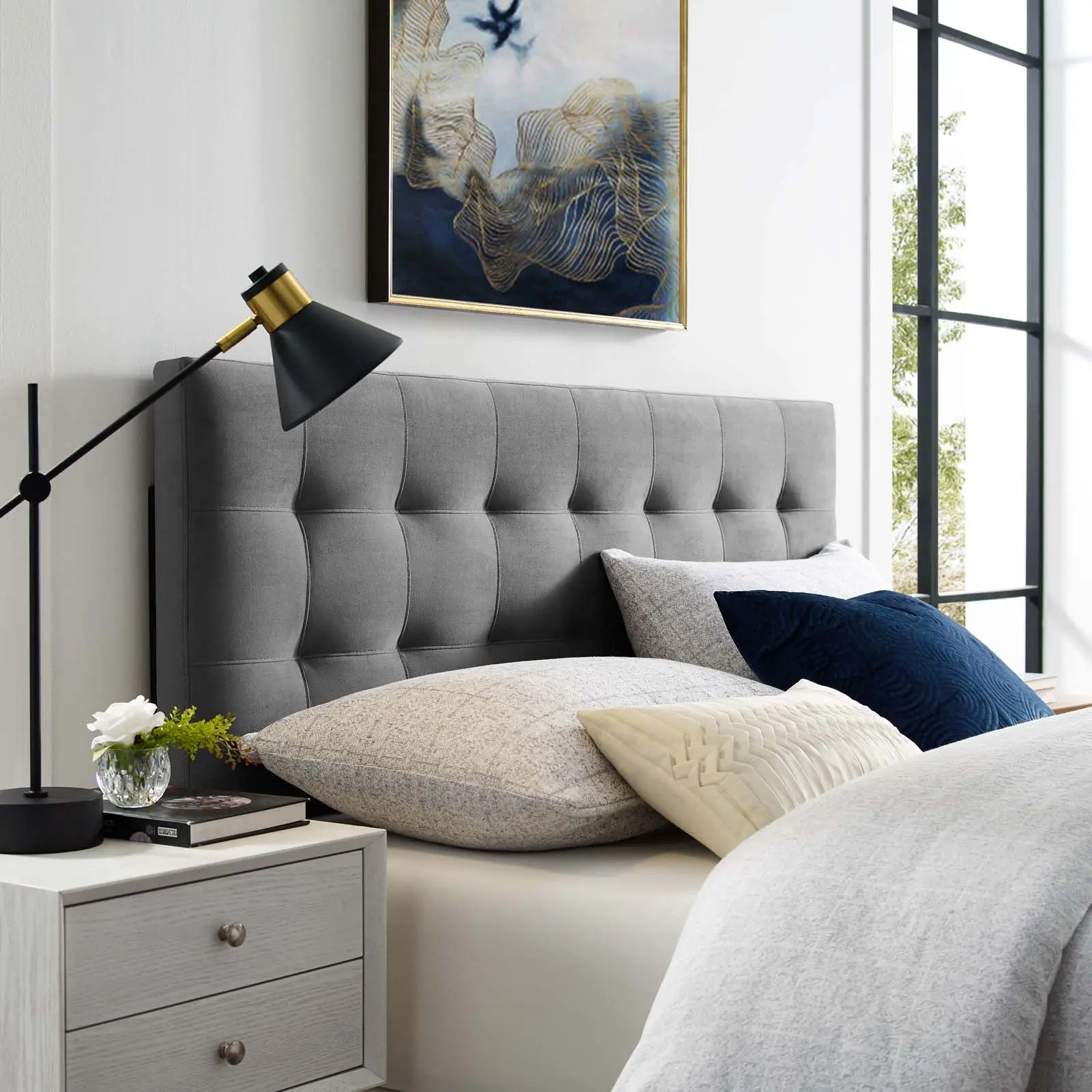 Modway Lily King Upholstered Biscuit Tufting Performance Velvet Headboard - Gray, Classic Modern, 3-Height Adjustable Sturdy Bedroom Furniture for Guest Suite Decor, Headboards