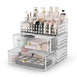 Makeup Organizer for Vanity, Stackable Cosmetics Organizer and Storage, Cosmetic Display Cases with 2 Drawers and 1 Tray for Makeup Brush, Hair Accessories, Lipstick and Jewelry, Clear Rosoenvi