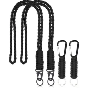 2 Set Heavy Duty Paracord Lanyard and Braided  for ID Card Badge Holder, Outdoor Activities, Camera, Traveling (Black)