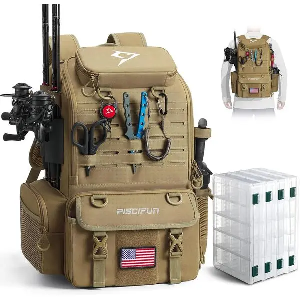52L Fishing Tackle Backpack with Rod Holders & 4 Tackle Boxes, Large Tackle Bag for Gear Storage with Rain Cover