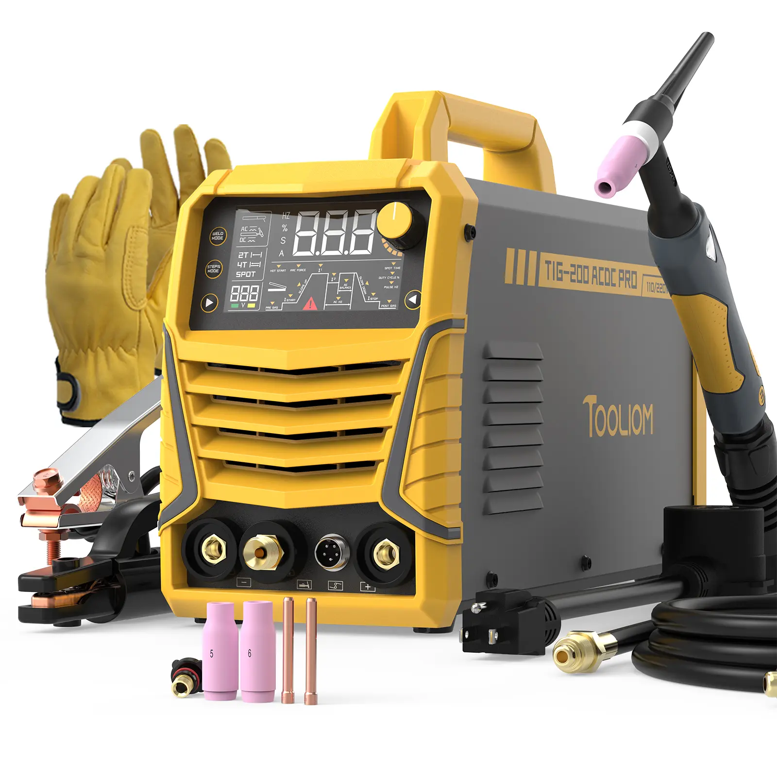TOOLIOM TIG-200-ACDC-PRO 200A TIG Welder | 110/220V AC/DC TIG/AC Pulse/DC Pulse/MMA/Spot 6-in-1 Welding Machine for Aluminum | High-frequency Start, IGBT Inverter with Work Gloves