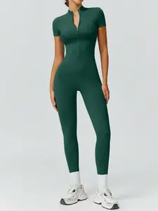 Women's Solid Color Zip-Up Stand Collar Jumpsuit, High Waist Quick Dry Sportswear for Yoga and Gym, Summer Activewear for Ladies, Workout Jumpsuit