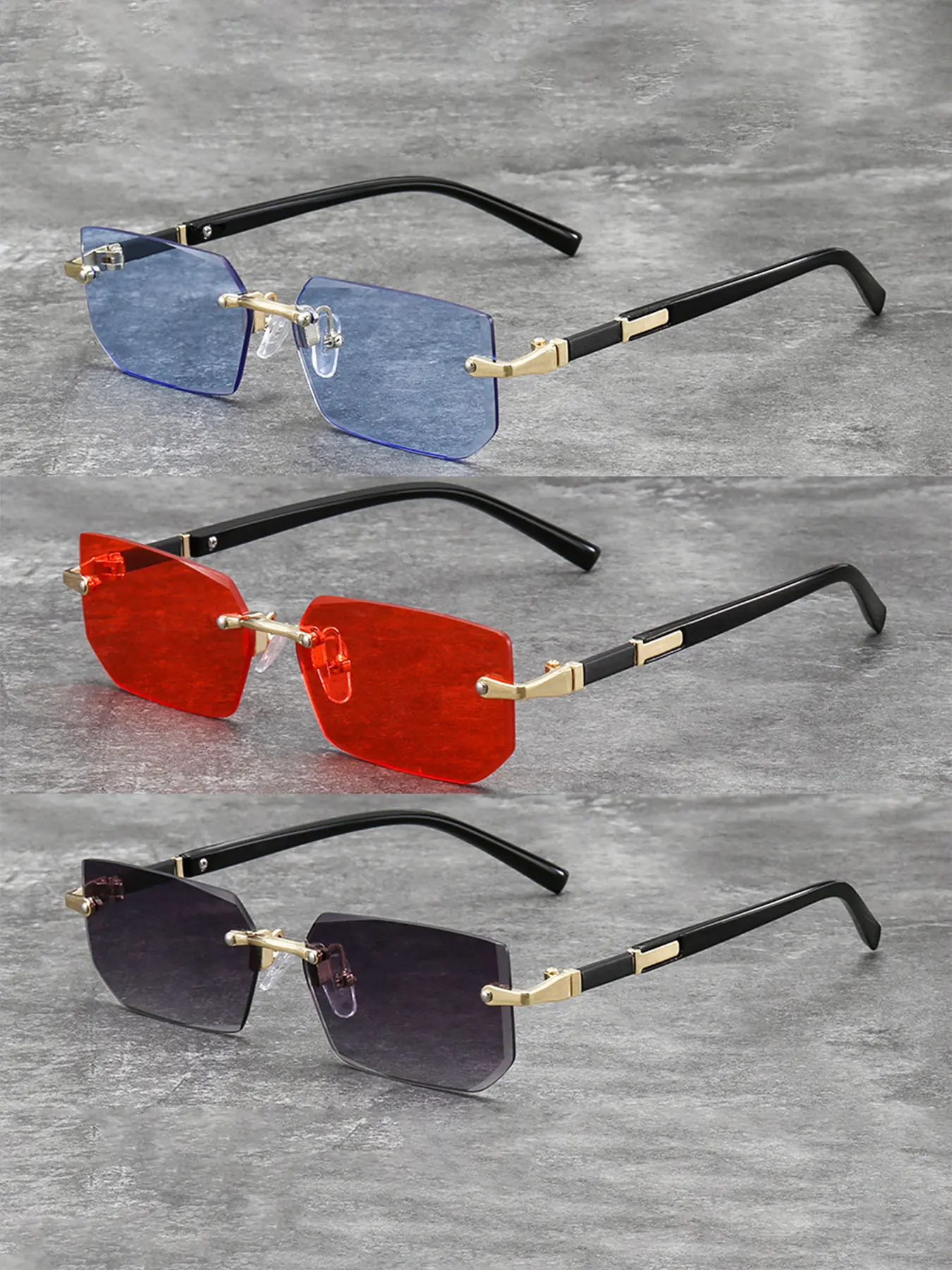 frameless business rectangular gradient lenses,fashion colored lens,Trendy Shades,frameless design enhances fashion sense,metal temples increase durability,suitable for various life scenarios,perfect gift for both men and women