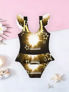 Girls' Cartoon Anime Print One-Piece Swimsuit, Ruffle Hem Swimwear, Casual Sleeveless Design, All over Print, Ruffle Trim Swimsuit, Ruffle Swimsuits