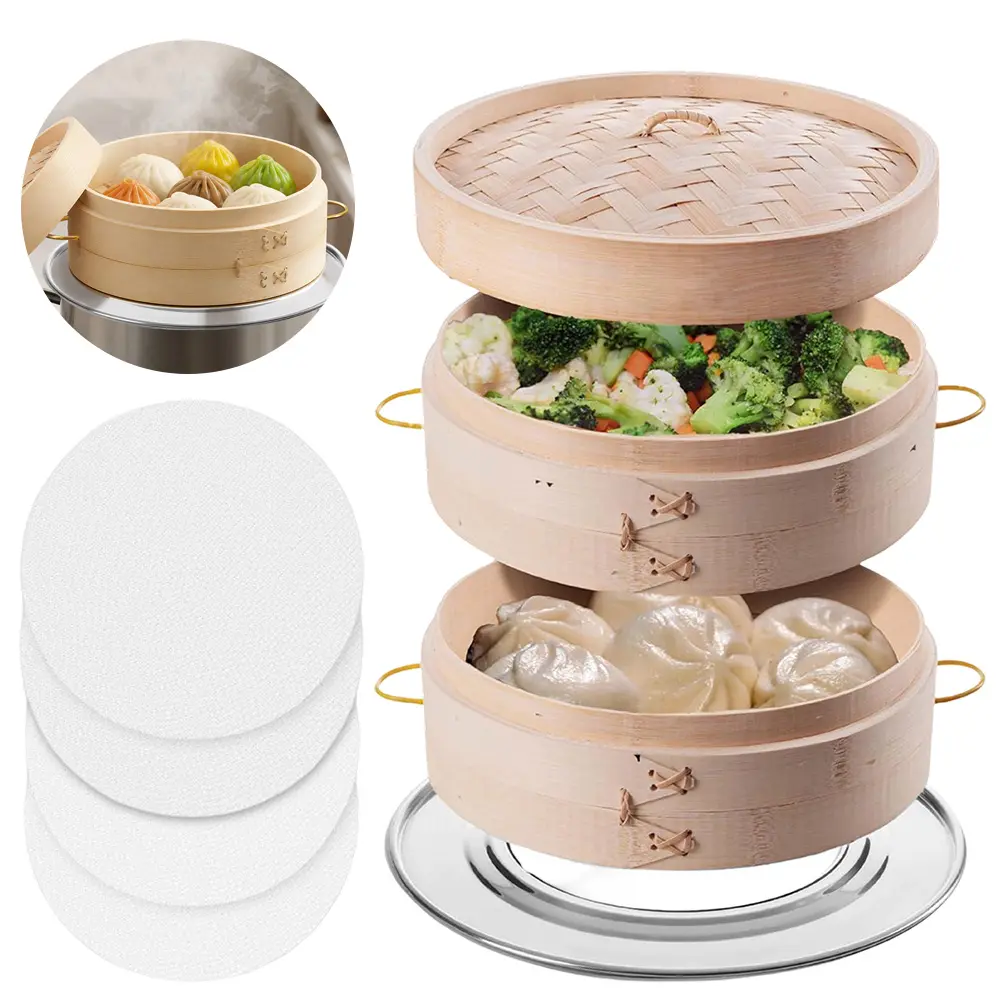 2-Tier Bamboo Steamer Basket Set with Water Separator Tray, Natural Wooden Steaming Basket with Handle & Silicone Liners, Traditional Asian Cookware for Dumplings, Bao Buns, Dim Sum, Vegetables & Homemade Steamed Food