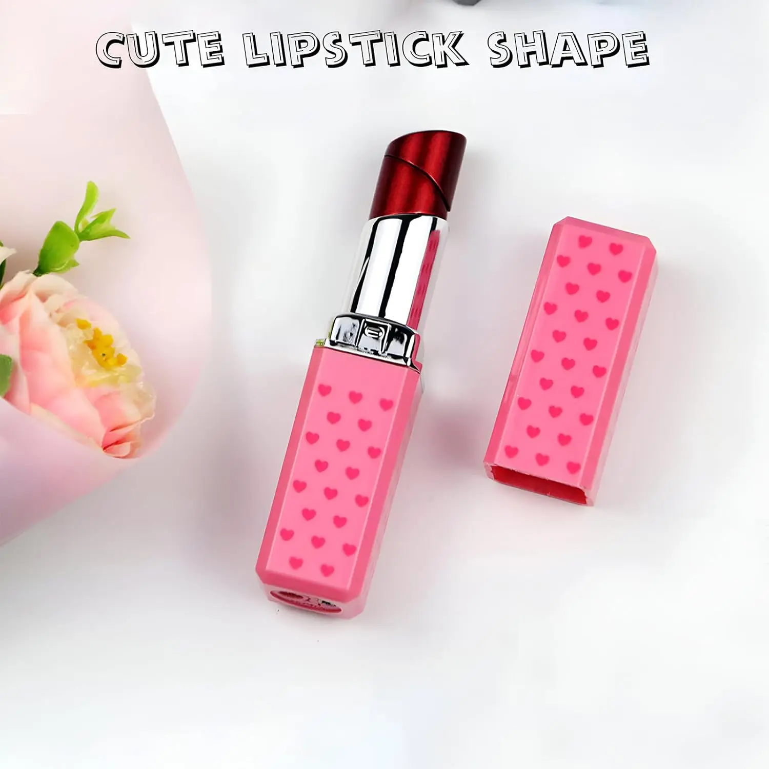 Cute Red Lipstick Windproof Lighter for Women, Soft Flame Refillable Butane Lighter with Pink Mini Handle, Unique Practical Home Accessories Gift for Birthday Valentine Christmas (Butane Gas Not Included)