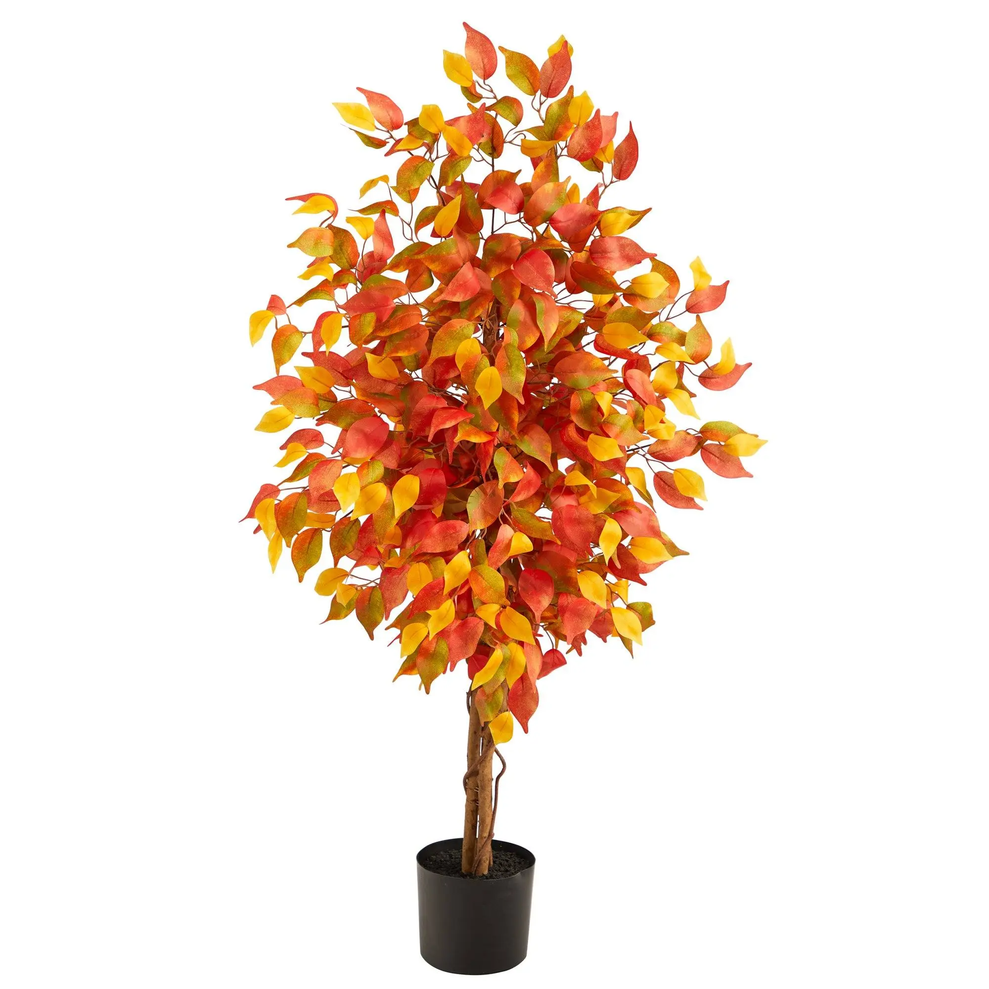 4ft Variegated Woody Artificial Autumn Ficus Tree - Bendable Branches, Fake Flower Accent, Harvest-Look Decorative Piece for Halloween, Thanksgiving Indoor Nursery Home Decor