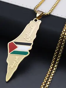 Arabic Hebrew Israel Palestine Map Flag Necklaces for Women Men Hypoallergenic Stainless Steel Gold Color Jewish Chain Necklace