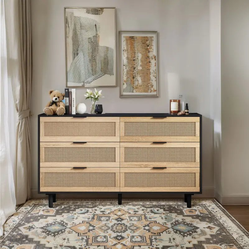 Bellemave 51.18 in 6-Drawer Rattan Dresser - Modern Accent Cabinet, Natural Rattan, Stable Base, Black MDF & Particle Boards, 20 lbs per Drawer, 50 lbs Tabletop, Assembly Required, Space-Saving for Bedroom, Living Room