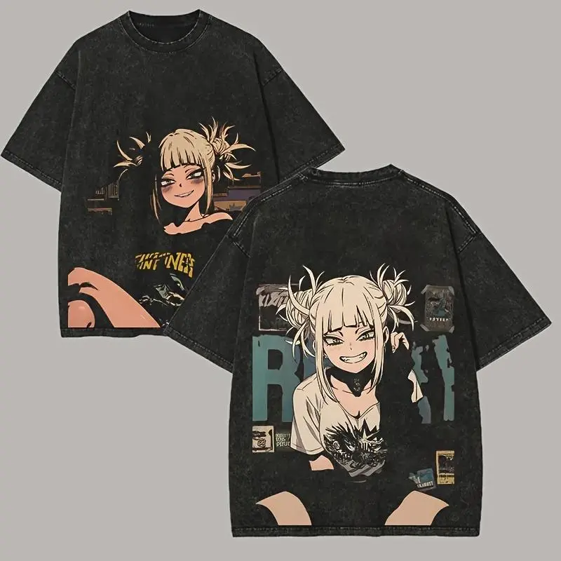 Men's My Hero Academia Himiko Toga Graphic Washed Short-Sleeve T-Shirt - Unisex Casual Distressed Round Neck Streetwear Top, Father's Day Gift, Vintage All-Seasons Menswear