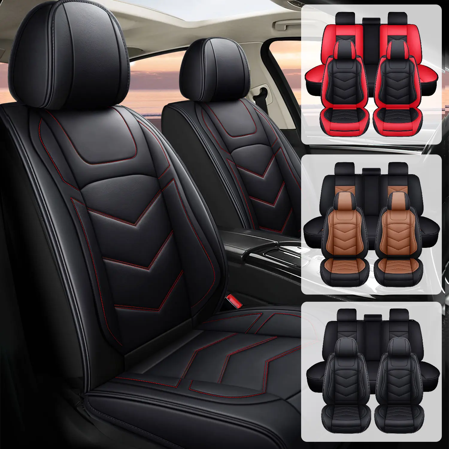 Universal Leather Car Seat Covers 5-Seats Full Set with Headrest Protector Waterproof Car Accessories Full Coverage Automotive Interior