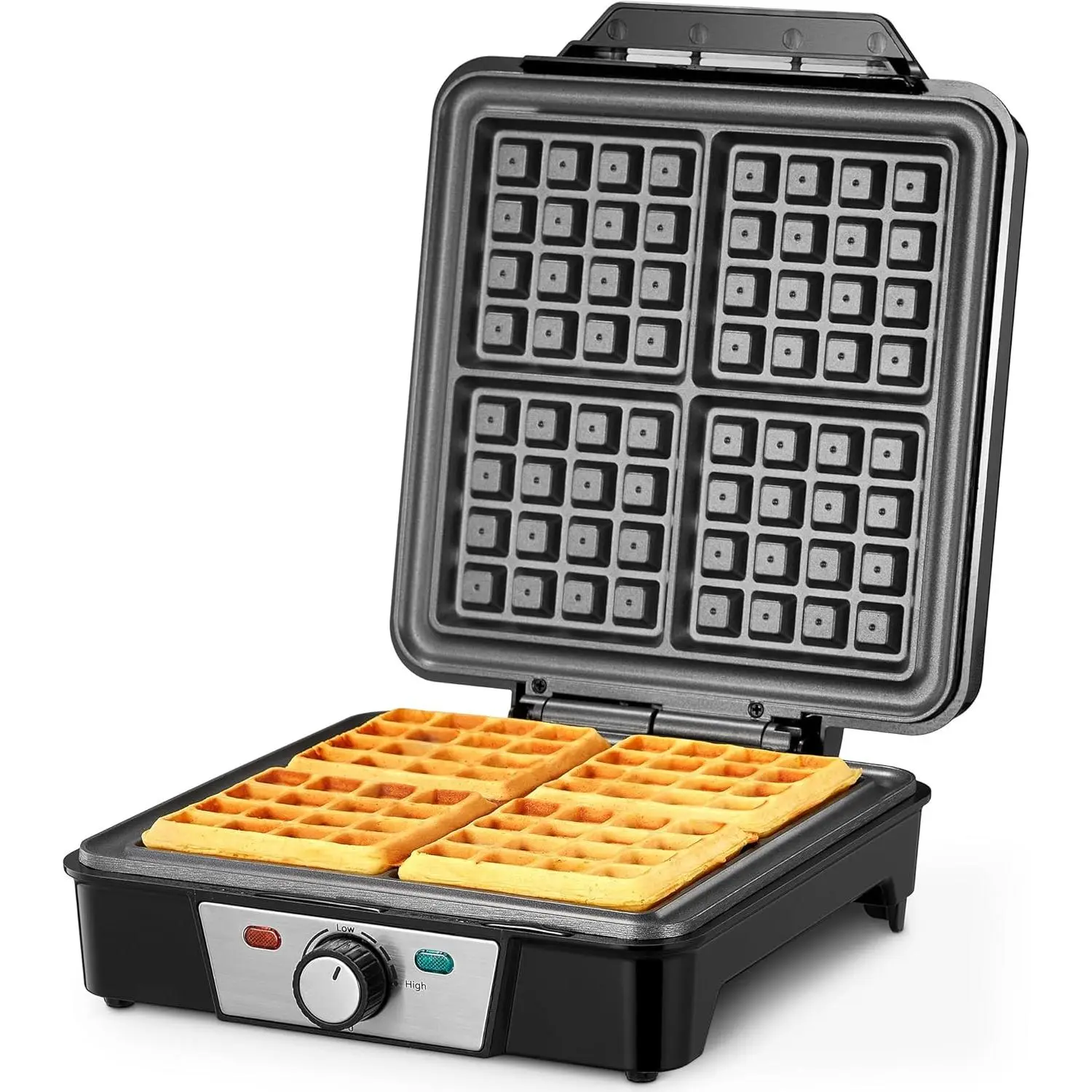 1200W 4-Slice Belgian Waffle Maker with Belgian Grid, Anti-Spill Design, Baking Knob, Non-Stick Plates, Indicator Light - Kitchen Cookware for Daily Use (Silver/Black)