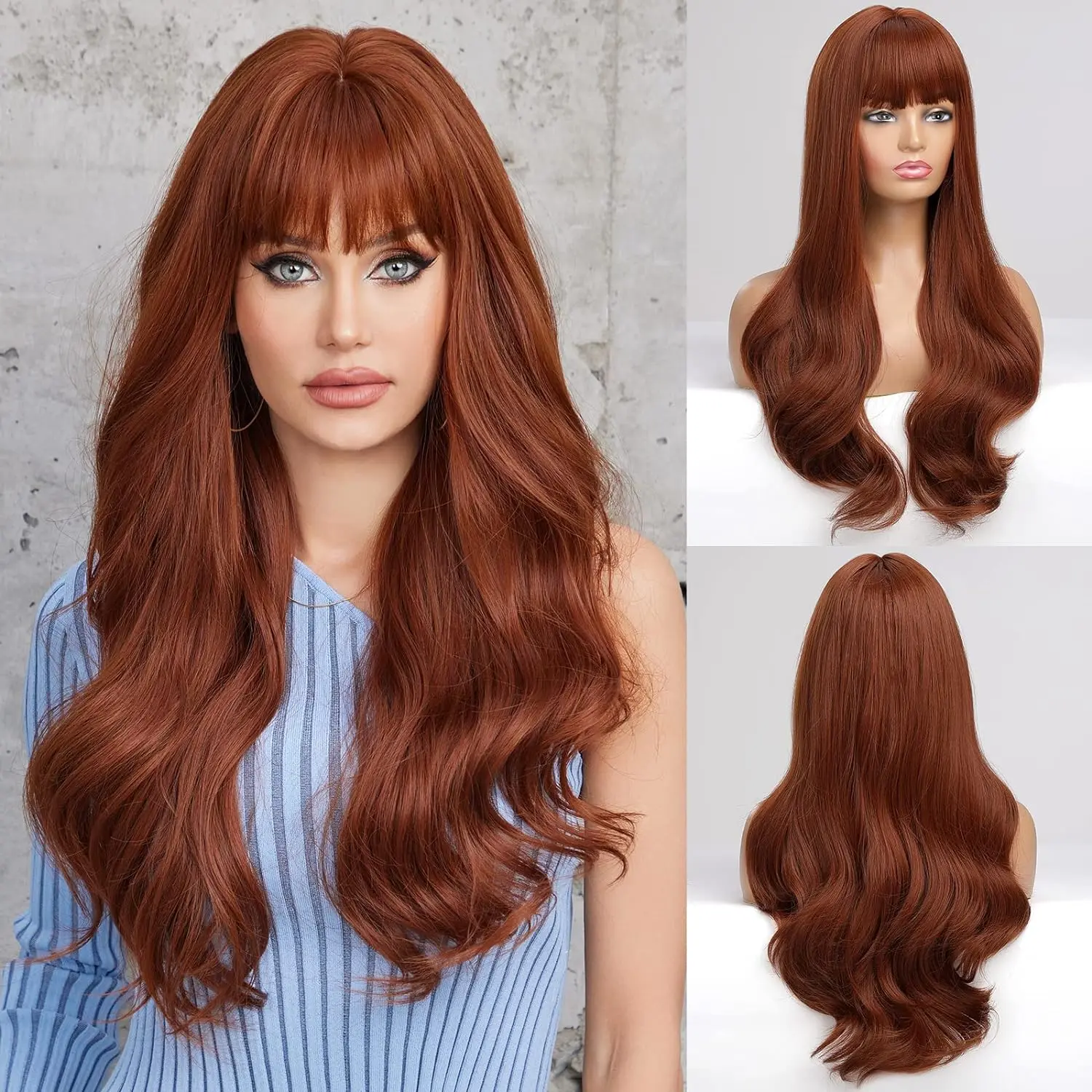 HAIRCUBE Burgundy Wine Tresses: 26-Inch Long Curly Wine Red Brown Wig with Bangs - Synthetic Hair for Women's Daily Use, Parties, Cosplay, and Captivating Photos