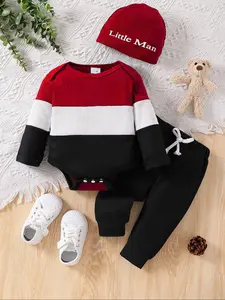 Baby Newborn Boy Colorblock Knit Gift Set with Romper Hat Long Pants, Casual Trendy Design, Warm Comfortable Cozy Striped Fabric, Easy Wear Snap Closure Baby Clothing