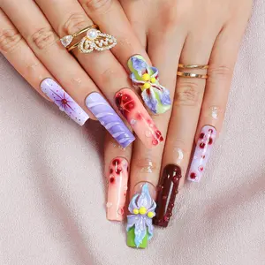 Hello Kitty 3D Floral Press-On Nails - Dopamine Color Wave Design Handcrafted Water Drop Detachable Nail Art Kit with Acrylic Press Nails and Diamond Tip Nails