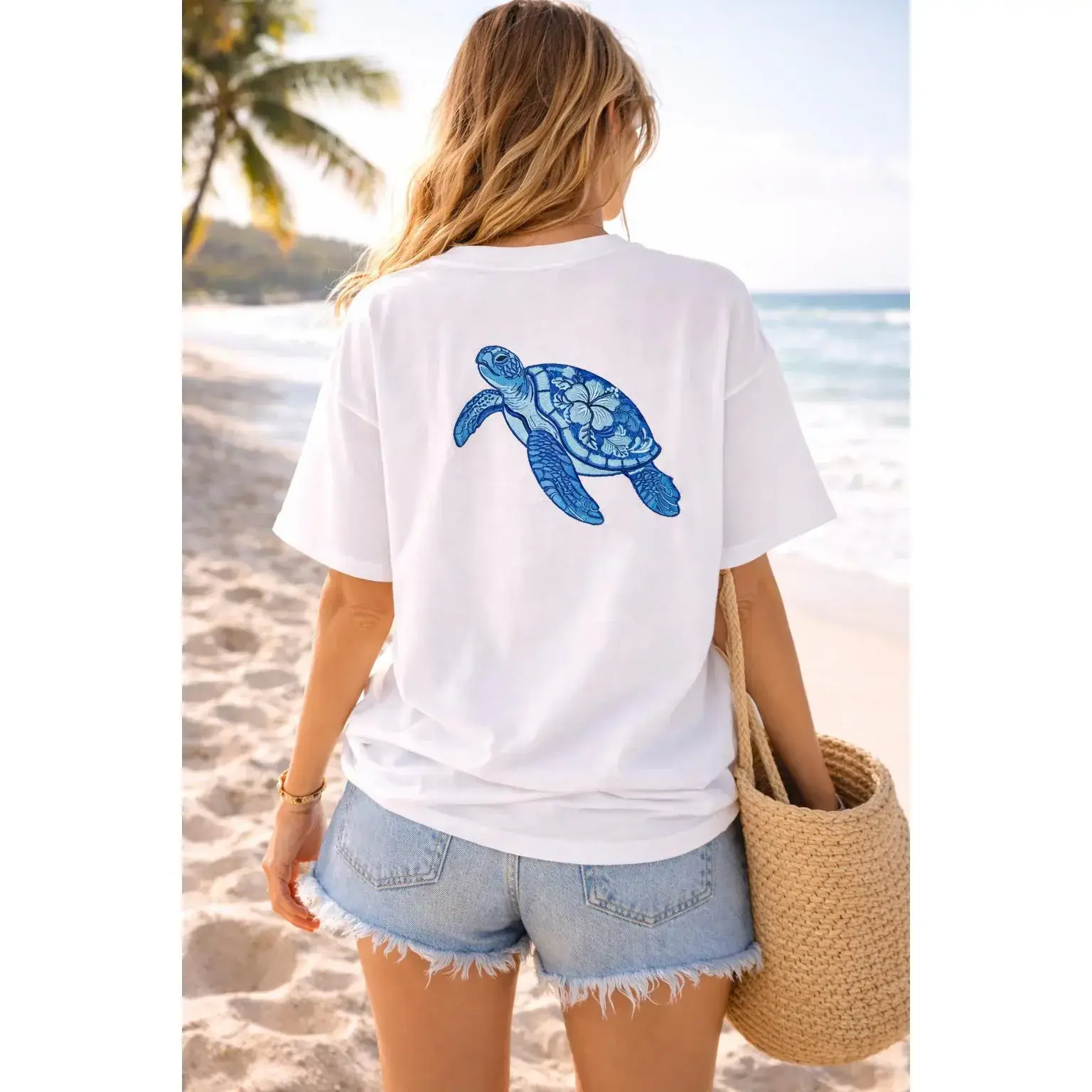 Women's Modest Islamic Cotton Short-Sleeve Oversized Loose-Fitting Round Neck Tee with Ocean Turtle Embroidery - Casual Shirts & Blouses for Casual Outfits Women, Shortsleeve