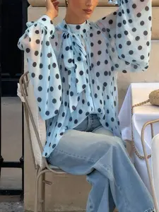 This Polka Dot Sheer Blouse is Timeless Retro Chic High Neck Tie Puff Sleeve Blouse Shirts