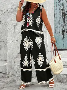 Plus Size Women's Boho Bohemian Vacation Set, Womenswear Sleeveless Vneck Top + Wide Leg Pants, High Waist Loose-Fitting, Geometric Ethnic Pattern