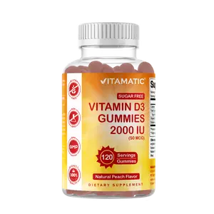 Vitamatic Sugar Free Vitamin D3 2000 IU 120 Pectin Based Gummies Natural Peach Flavor Non-GMO Gluten Free