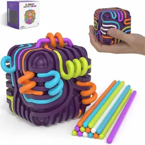 Sensory Fidget Toys Silicone Sensory Activity Cube for Autism ADHD Stress Relief Fidgeting 3D Fidget Board with 15 Strings & Storage Bag Travel Toys for Christmas Gift