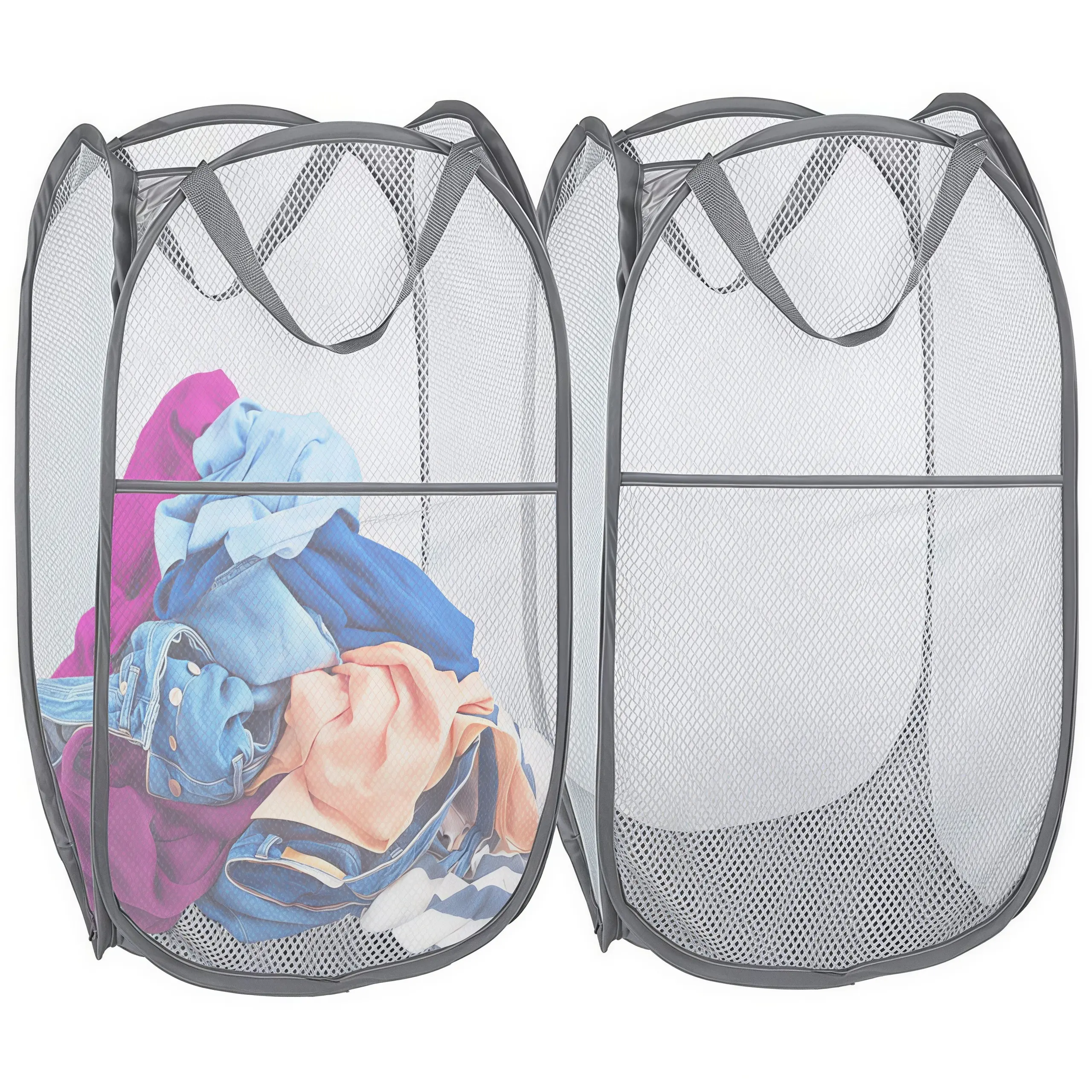 LMMAKE 2PCS Rectangular Pop Up Laundry Hampers, Collapsible Mesh Baskets with Side Pockets, Sturdy Reinforced Handles, Portable Space-Saving Odor Control Dirty Clothes Storage for Homes, Bathrooms