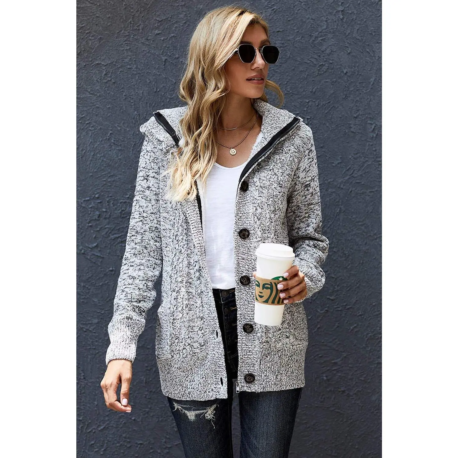 Cable-Knit Fleece Lining Button-Up Hooded Cardigan
