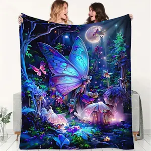 Magical Forest Flannel Blanket, Enchanted Blue Butterfly Throw Blanket, Cozy Decorative Blanket for Home Decor, Camping, Travel, Office Warmth, Vibrant Whimsical Design for Nature Lovers