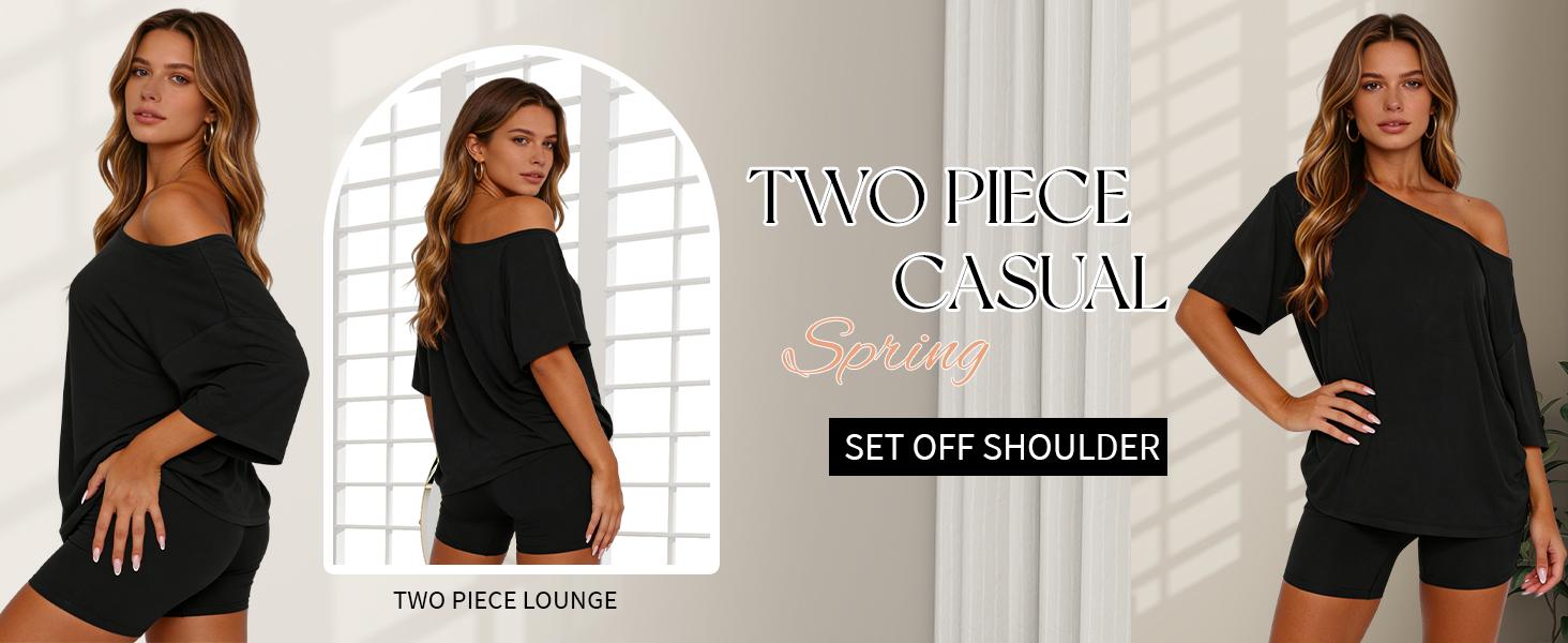 Tanming Women's 2-Piece Casual Loungewear Set - Plus Size Elegant Chic XL Women's Off-Shoulder Oversize Top & Fitted Shorts, Soft Stretchy Spring Apparel for Lounging, Coffee Runs, Work, Curvy Athletic Travel Outfits