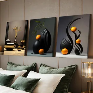 3 Counts Wooden Framed Canvas Painting, Modern Abstract Golden Vase And Black Sculpture With Orange Art Images, Exquisite Poster, Modern Art, Home Decor, Waterproof Art, Decorative Artwork