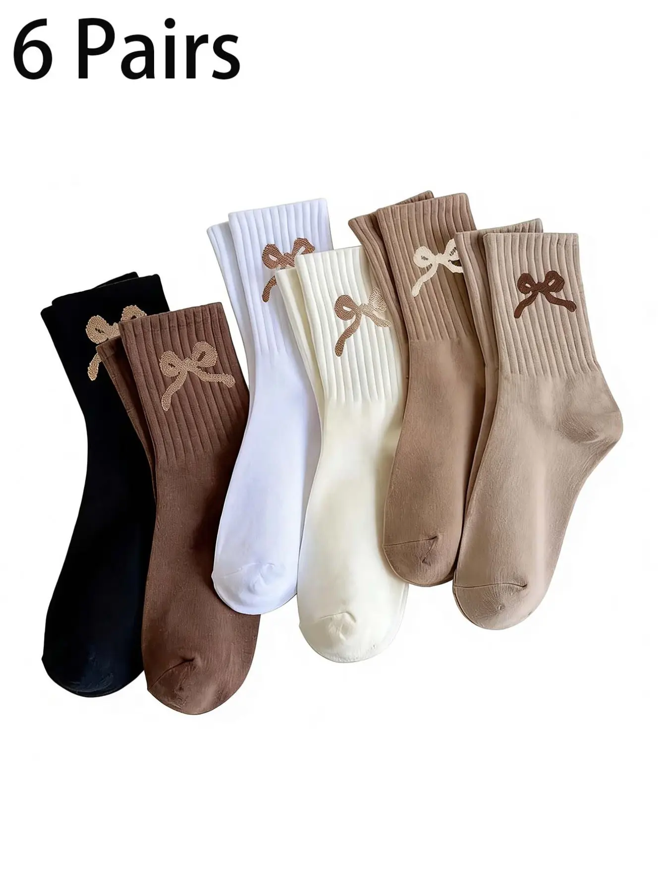 6 Pairs Women's Bow Embroidery Striped Knee-High Socks, Soft Comfortable Casual Trendy Campus Style, Suitable for Daily Wear All Seasons