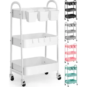 3 Tier Heavy Duty White Metal Rolling Cart with Lockable Wheels, Three Tier Roller Book Snack Cart, Utility Storage Organizer Carts for Kitchen, Bathroom, Garage, Baby Diaper, Craft, Art, Teacher