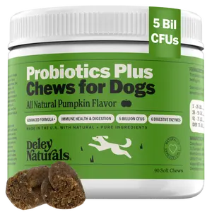 Deley Naturals Probiotics Plus Chews for Dogs - All Natural Pumpkin Flavor, 90 Soft Chews, Made with Natural Ingredients, 5 Billion CFUs, Immune Health & Digestive Support