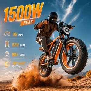 Electric Bike | Peak Power 1500W | Full Suspension | Top Speed 35 MPH | Range 60+ Miles | 52V 20Ah Removable Battery | 2-Seater Design | LED Headlights | 20-Inch All-Terrain Fat Tires | UL 2849 Certified