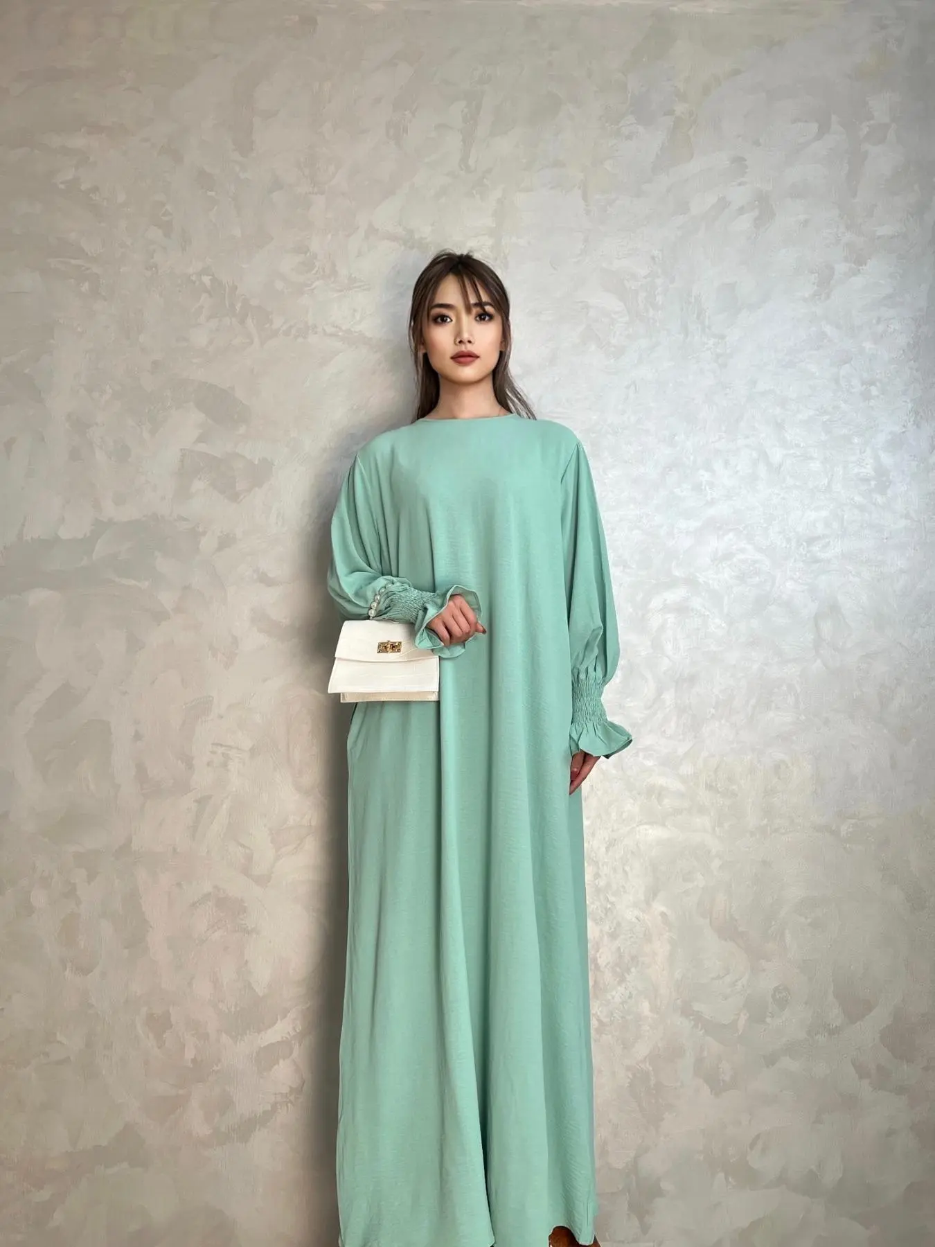 Women's Plain Flounce Sleeve Shirred Boat Neck Arabian Dress, Summer Outfits 2024, Elegant Long Sleeve Dress for Spring & Fall, Sundress Maxi Dress, Islamic Clothing, Modest Style Dress, Modest Muslim Outfits, Modest Dresses