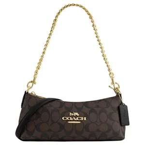 COACH Charlotte 25 Classic Monogram PVC Baguette Handbag for Women – Medium Size, Gold and Brown-Black