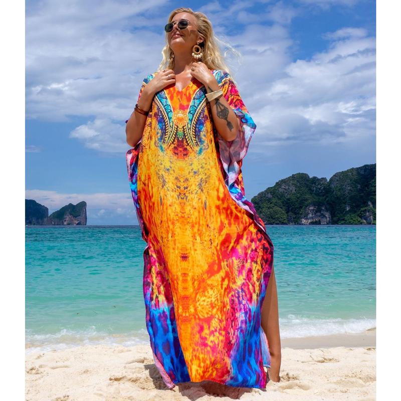 Women's Plus Size Viscose Fabric Kaftan Maxi Dress - Boho Bohemian Casual Boho Style Womenswear, V-Neck, Vibrant Ethnic Print, Half Batwing Sleeves, Slit-Side Glam, Hand-Wash Simple, Imported for Evening Beach Lounging