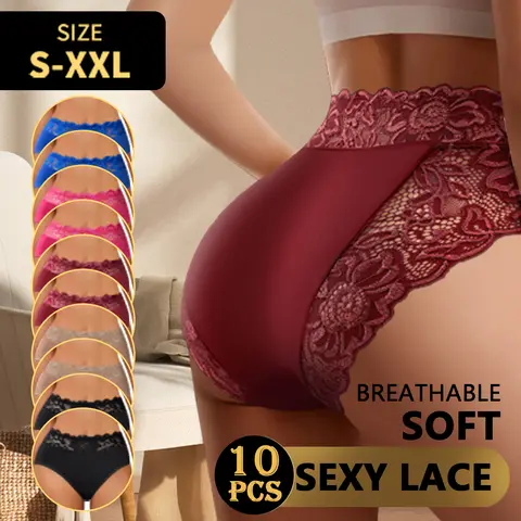 QUASTI Women's 10-Pc Color Mix Mid-Waist Lace Patchwork Seamless Panties Set - 10 pcs/5 mix colors(combination b), Elegant Chic Cheeky Briefs, High Elasticity, Hip Lifting, Breathable Fabric, Underwear for Women, S-XXL Fit