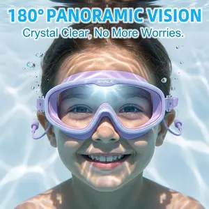 WHALE Kids Swim Goggles, 180° Panoramic Wide View Swimming Goggles for Children Boys Girls, Anti-Fog No Leak Soft Silicone Water Glasses with Attached Earplugs & Quick Adjust Strap (Ages 4-12)