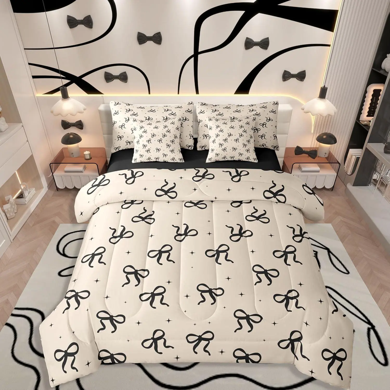 Feelyou 7-in-1 Geometric Post-Grinding Microfiber Queen Bedding Sets Collections - Girls' Cozy Coquette Modern 7-Piece Black & Beige Bow Set with Fitted Sheet, Flat Sheet, Preppy Bag, Blanket for Daughters, Luxe Feel, Halloween Decor, Thoughtful Gift, Bed
