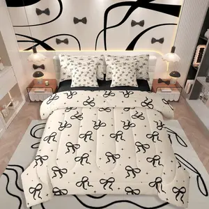 Black and Beige Bow Bedding Set,7 Piece Girls Women Coquette Modern Fashion Comforter Bed Set with Sheets,Preppy Aesthetic Girly Bow Bed Bag,Kids Bed Set