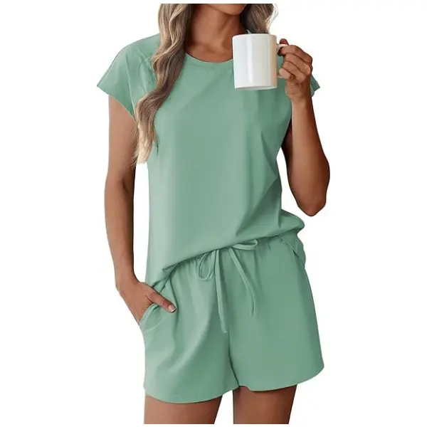 Ekouaer Women's 2-Piece Cotton Pajama Set, Short Sleeve Loungewear with Elastic Drawstring Shorts and Pockets, Daughter, Shortsleeve, Lady, Basic, Fabric, Fashion, Lightweight, Outfits, Simple, Nightwear, Outdoors, Breathable, Casual