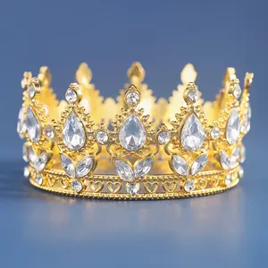1Pc Birthday Crown, Golden Silvery Bride Wedding Tiara, Full Round Small Crystal Rhinestone Crown, Crown For Cake Topper, Birthday Girl Tiara