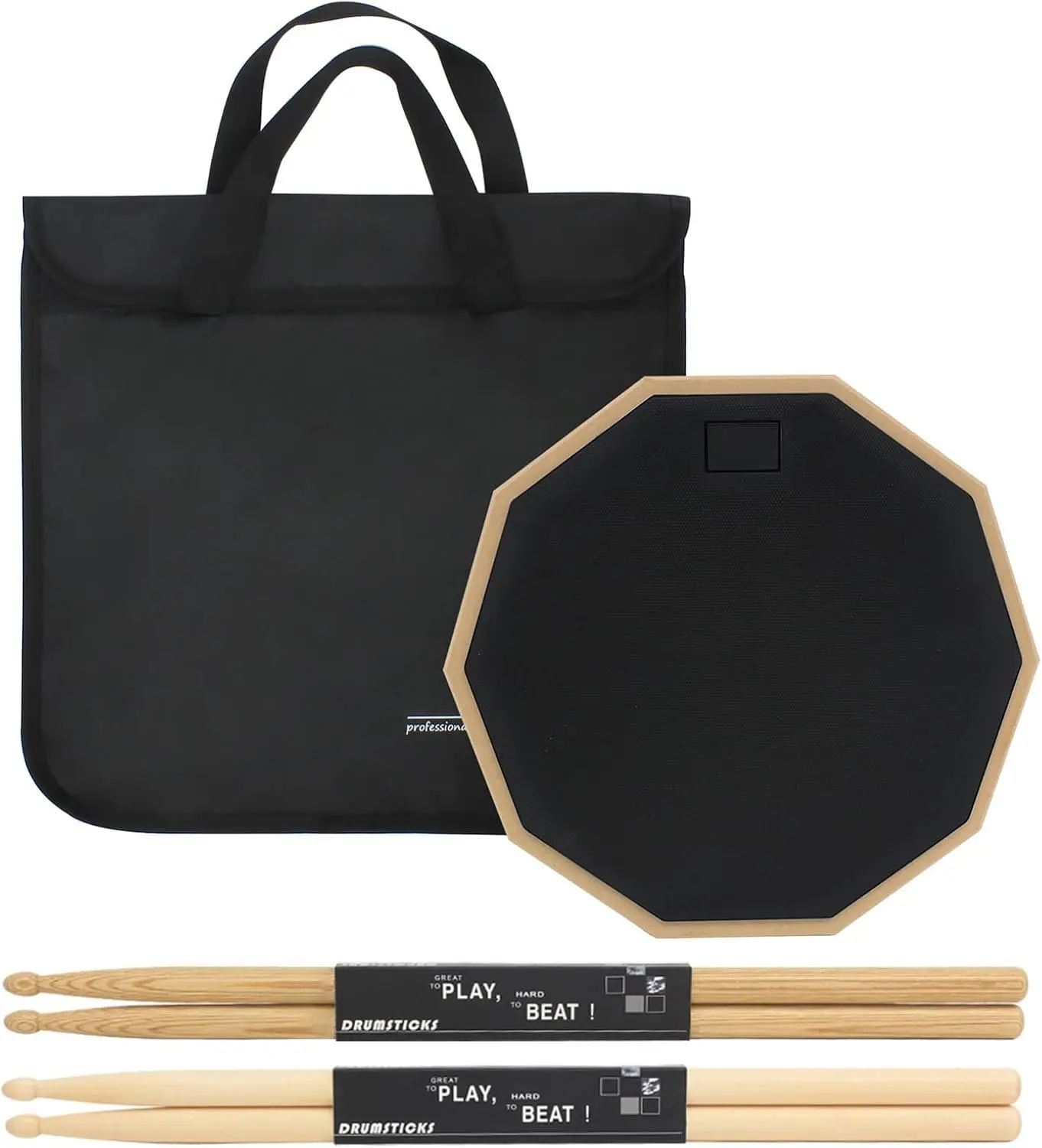 12 Inch Practice Drum Pad and Sticks, Beginner Snare Drum Pad with Drumsticks(2 pairs) and Carrying Bag, Double Sided Silent Drum Pad (Black)