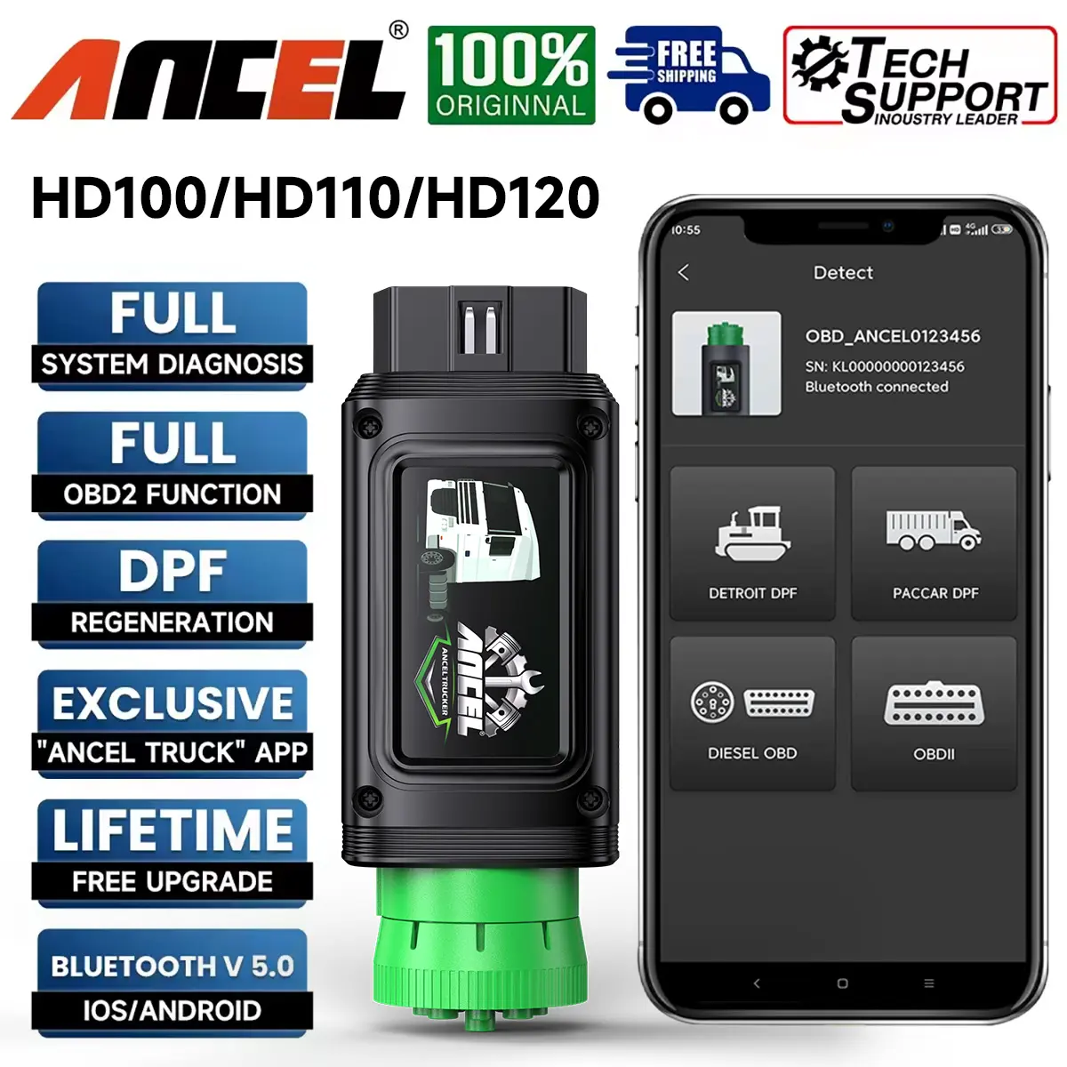 ANCEL HD100/HD110/HD120 Bluetooth Heavy Duty Truck All System Diagnostic Scanner |Forced DPF Regen (HD100 DPF for Cummins & Cat Engine) (HD110 DPF for Detroit & Paccar Engine)(HD120 DPF for Volvo & International Engine )| HDOBD/OBD2 9/16 Pin+Free Updates