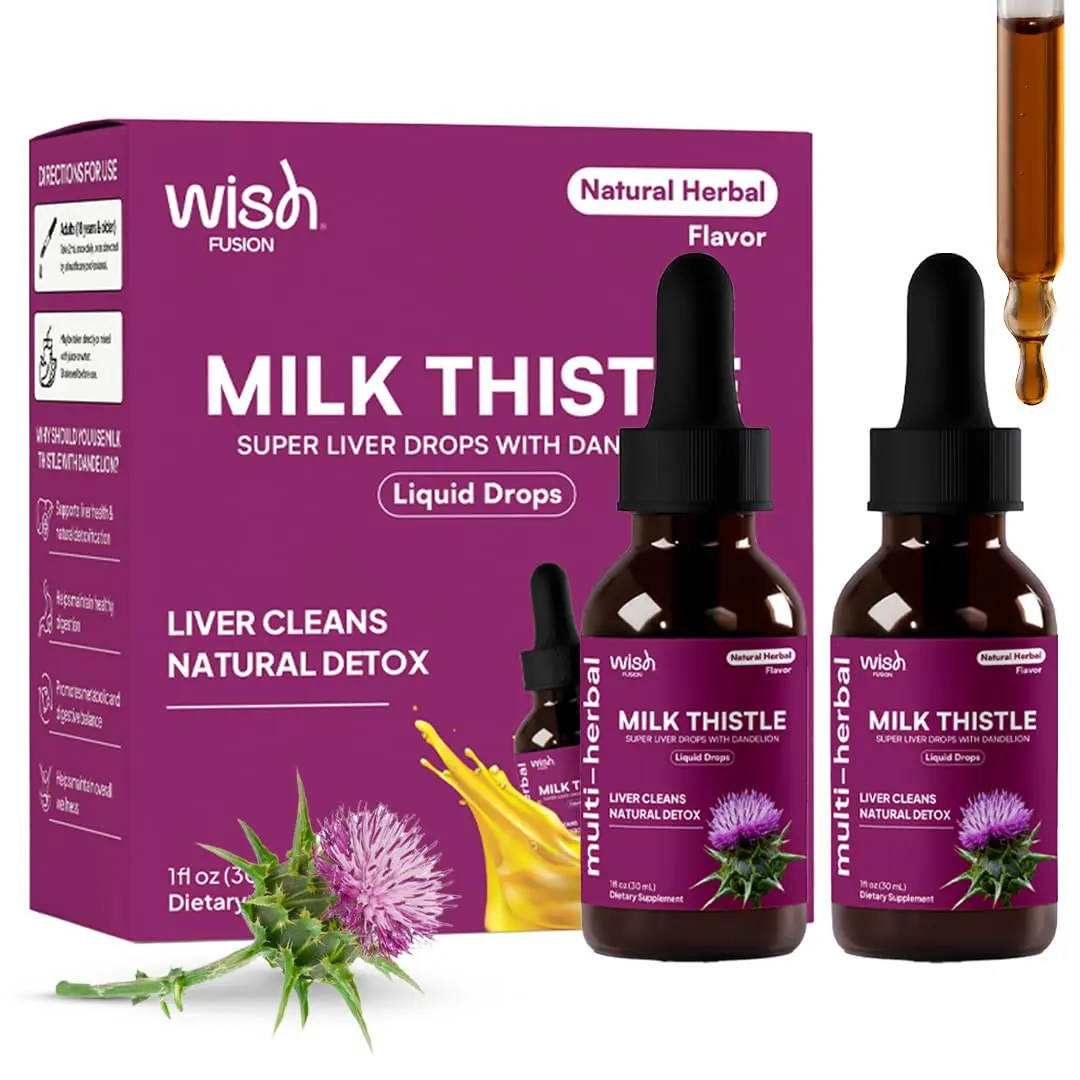 Wish Fusion Milk Thistle Drops with Dandelion Root Extract Super Liver Drops Organic Liver Support Supplement Liquid, Silymarin Milk Thistle Supplement for Liver Cleanse Detox & Repair, 30ml x 2 Pack