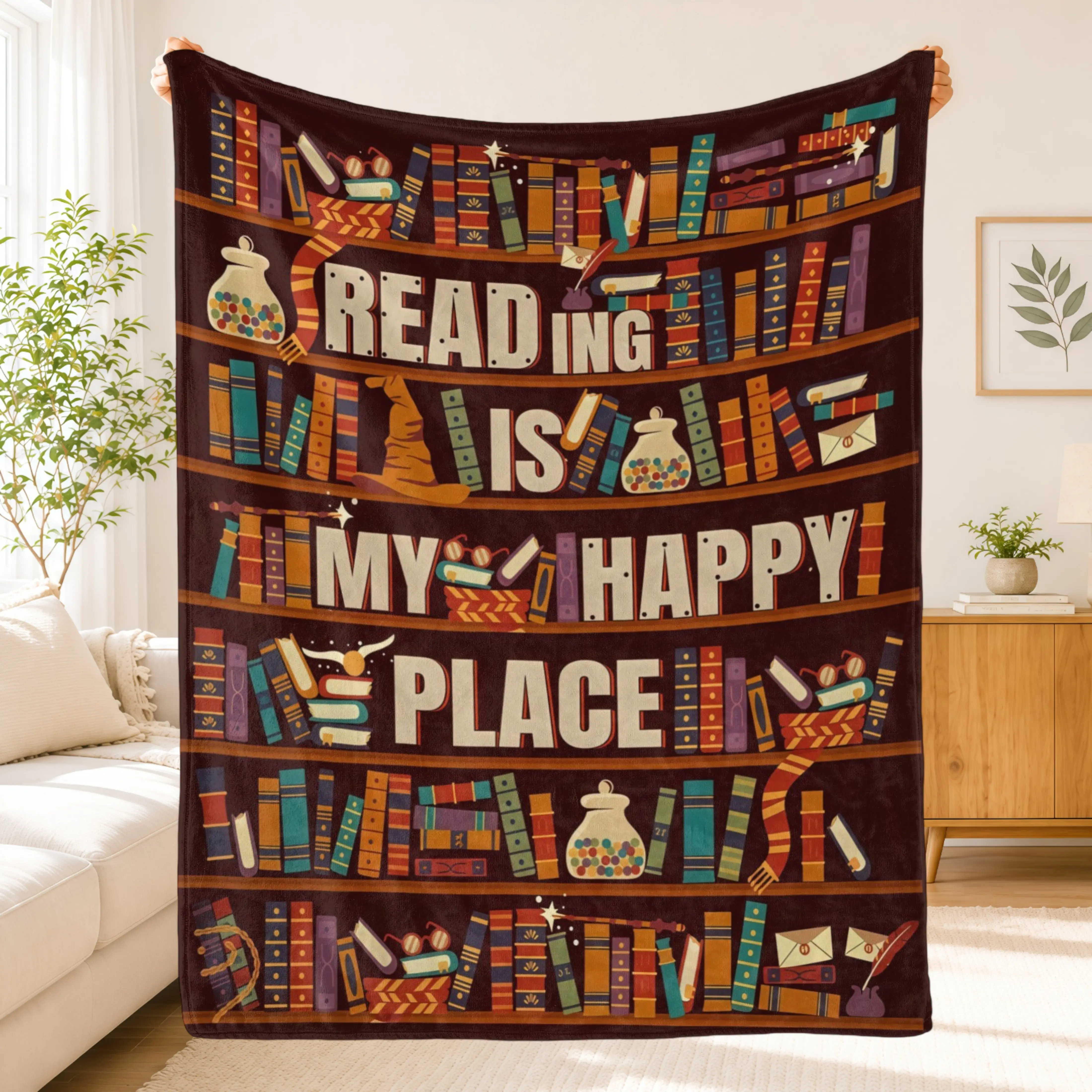 Vintage Bookshelf Library Throw Blanket,Cottagecore Book Wildflowers Blanket,Floral Bookish Soft Flannel Blanket for Bed Couch Sofa,Gift for Book Lovers Readers
